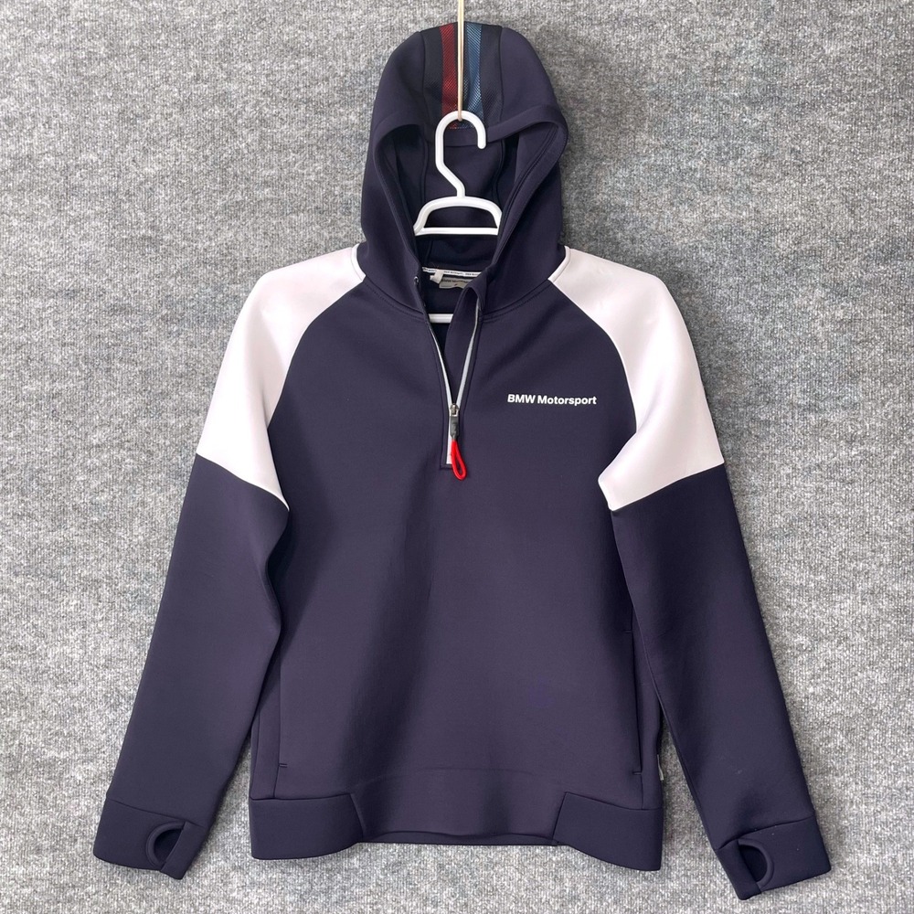 BMW Motorsport Mens Navy White Quarter Zip Hoodie Sweatshirt Thumbholes